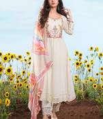 Off white embroidery work cotton chex stitched salwar suit set with soft silk dupatta
