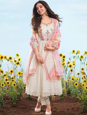 Off white embroidery work cotton chex stitched salwar suit set with soft silk dupatta 2