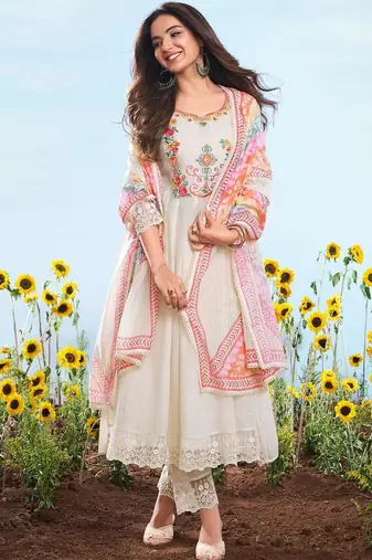Off white embroidery work cotton chex stitched salwar suit set with soft silk dupatta