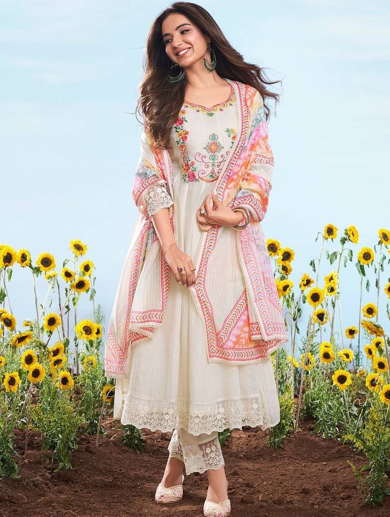 Off white embroidery work cotton chex stitched salwar suit set with soft silk dupatta