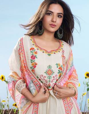 Off white embroidery work cotton chex stitched salwar suit set with soft silk dupatta 3