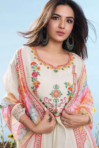 Off white embroidery work cotton chex stitched salwar suit set with soft silk dupatta