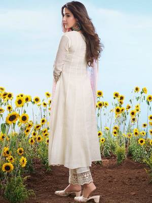 Off white embroidery work cotton chex stitched salwar suit set with soft silk dupatta 4