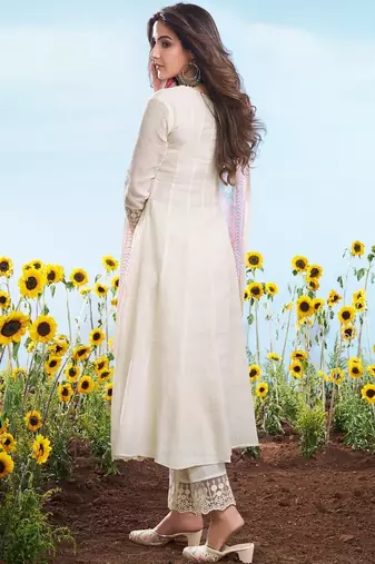 Off white embroidery work cotton chex stitched salwar suit set with soft silk dupatta