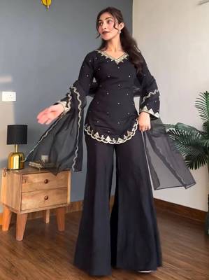 Black embroidery work silk crepe palazzo salwar suit set with organza silk dupatta 1