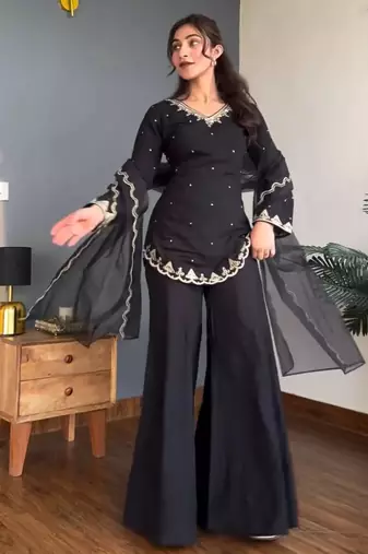 Black embroidery work silk crepe palazzo salwar suit set with organza silk dupatta