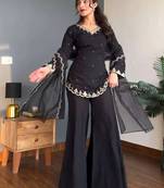Black embroidery work silk crepe palazzo salwar suit set with organza silk dupatta