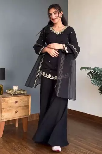 Black embroidery work silk crepe palazzo salwar suit set with organza silk dupatta