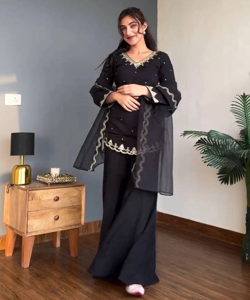 Black embroidery work silk crepe palazzo salwar suit set with organza silk dupatta