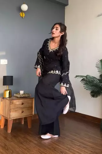 Black embroidery work silk crepe palazzo salwar suit set with organza silk dupatta