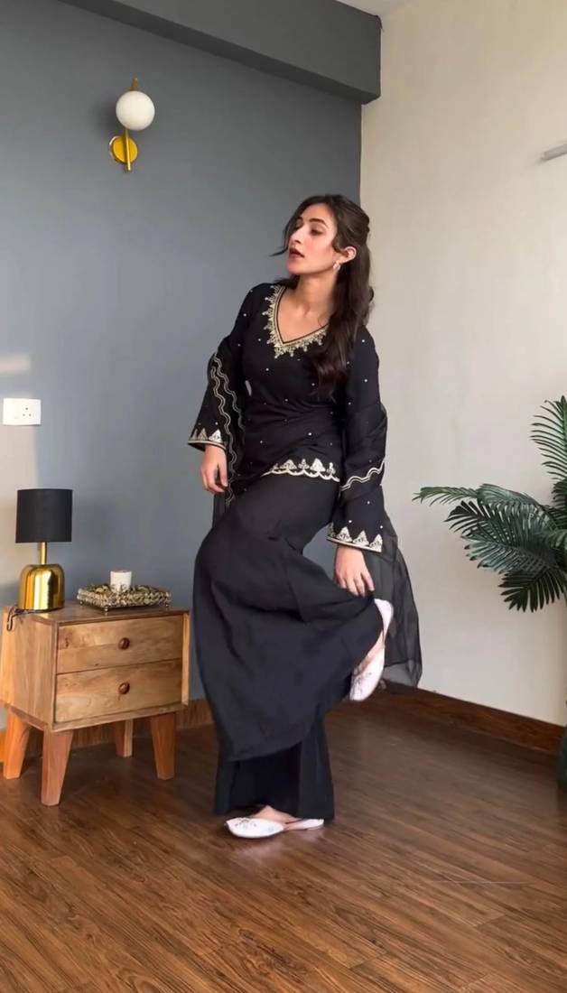 Black embroidery work silk crepe palazzo salwar suit set with organza silk dupatta