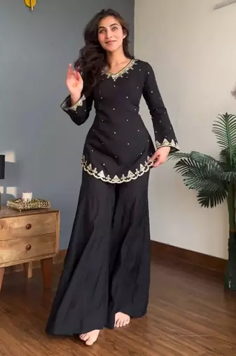 Black embroidery work silk crepe palazzo salwar suit set with organza silk dupatta