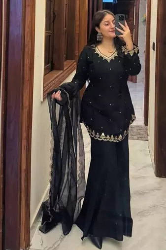 Black embroidery work silk crepe palazzo salwar suit set with organza silk dupatta