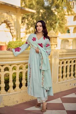 Rama embroidery work cotton butti stitched salwar suit set with chanderi dupatta 1
