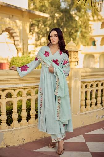 Rama embroidery work cotton butti stitched salwar suit set with chanderi dupatta