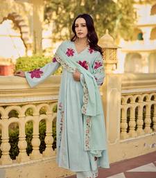 Rama embroidery work cotton butti stitched salwar suit set with chanderi dupatta