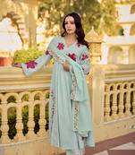 Rama embroidery work cotton butti stitched salwar suit set with chanderi dupatta