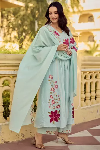 Rama embroidery work cotton butti stitched salwar suit set with chanderi dupatta