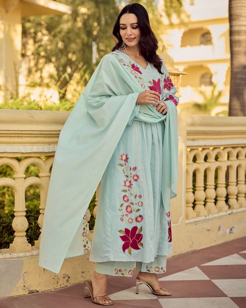 Rama embroidery work cotton butti stitched salwar suit set with chanderi dupatta