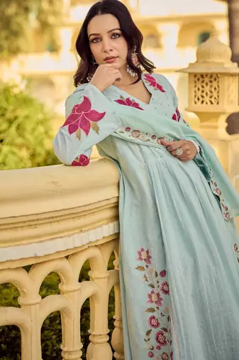 Rama embroidery work cotton butti stitched salwar suit set with chanderi dupatta