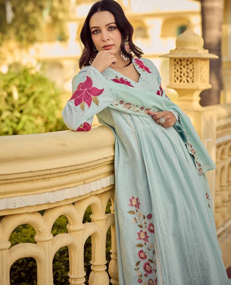 Rama embroidery work cotton butti stitched salwar suit set with chanderi dupatta