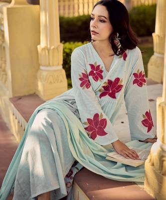 Rama embroidery work cotton butti stitched salwar suit set with chanderi dupatta 4
