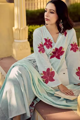 Rama embroidery work cotton butti stitched salwar suit set with chanderi dupatta