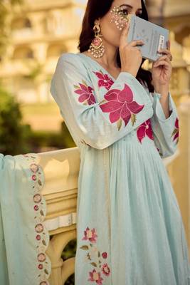 Rama embroidery work cotton butti stitched salwar suit set with chanderi dupatta 5