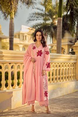Pink embroidery work cotton butti stitched salwar suit set with chanderi dupatta 1