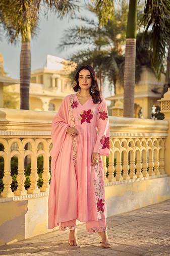 Pink embroidery work cotton butti stitched salwar suit set with chanderi dupatta