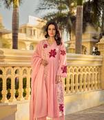 Pink embroidery work cotton butti stitched salwar suit set with chanderi dupatta