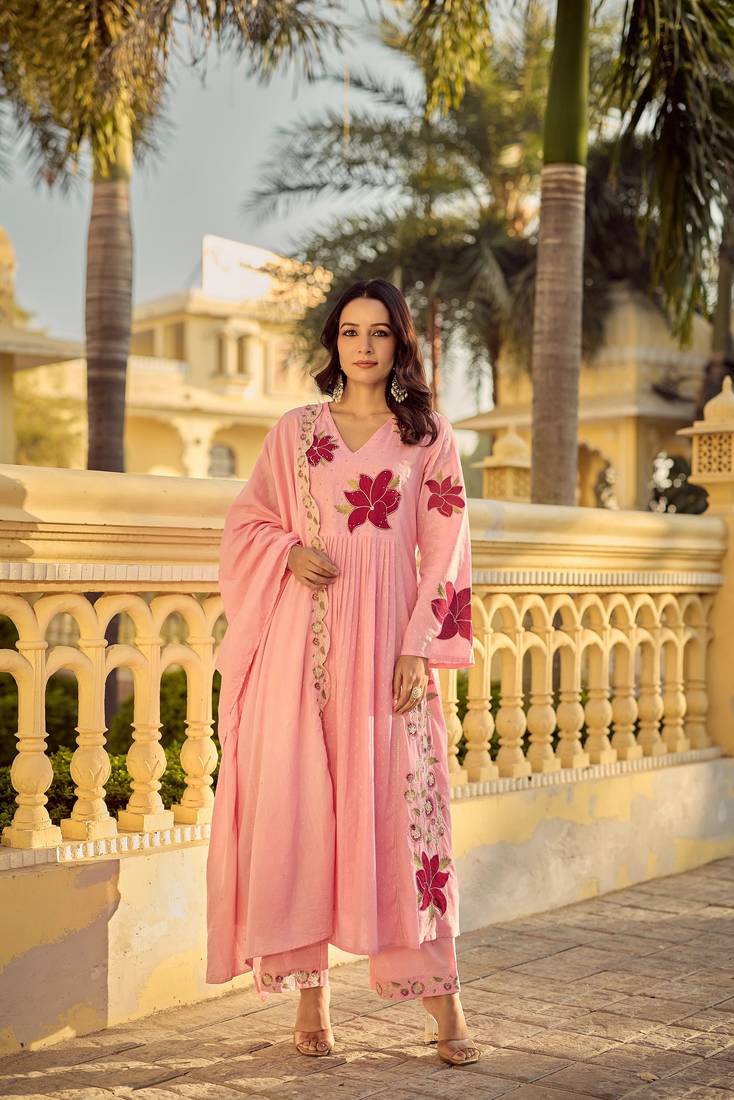 Pink embroidery work cotton butti stitched salwar suit set with chanderi dupatta