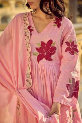 Pink embroidery work cotton butti stitched salwar suit set with chanderi dupatta 2
