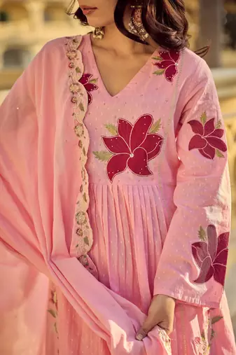 Pink embroidery work cotton butti stitched salwar suit set with chanderi dupatta