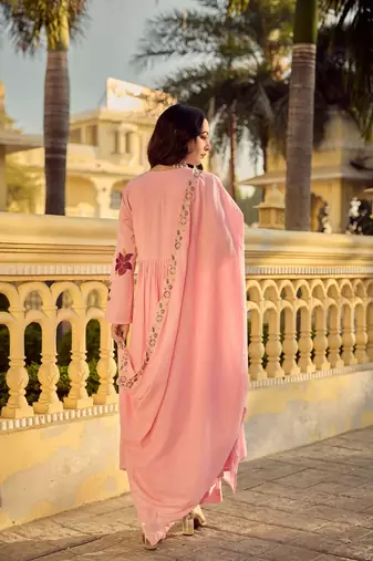 Pink embroidery work cotton butti stitched salwar suit set with chanderi dupatta