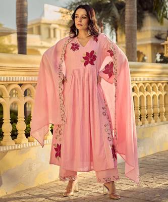 Pink embroidery work cotton butti stitched salwar suit set with chanderi dupatta 4