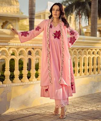 Pink embroidery work cotton butti stitched salwar suit set with chanderi dupatta 5