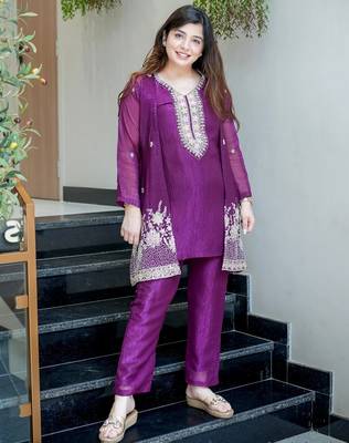 Purple beads work chinnon silk blend pant kurta set with koti 1
