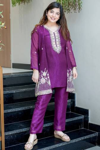 Purple beads work chinnon silk blend pant kurta set with koti