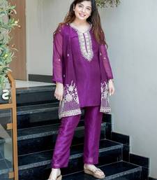 Purple beads work chinnon silk blend pant kurta set with koti
