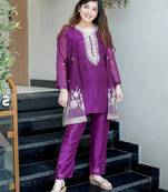Purple beads work chinnon silk blend pant kurta set with koti
