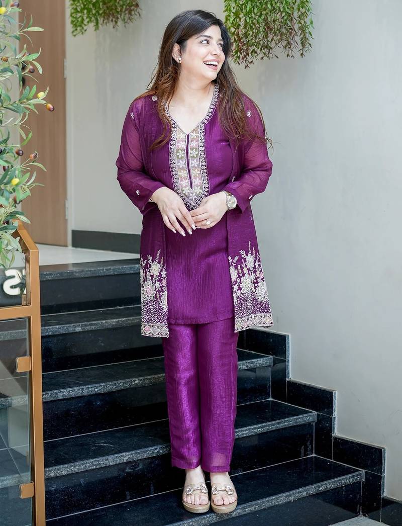 Purple beads work chinnon silk blend pant kurta set with koti