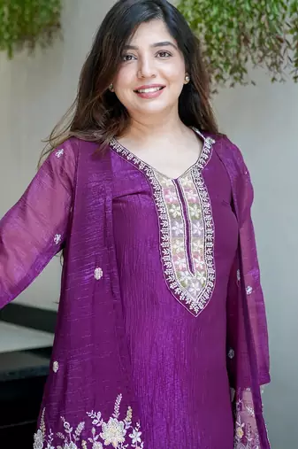Purple beads work chinnon silk blend pant kurta set with koti