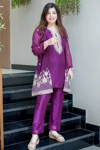 Purple beads work chinnon silk blend pant kurta set with koti
