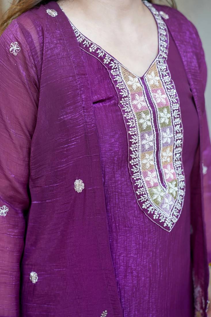 Purple beads work chinnon silk blend pant kurta set with koti
