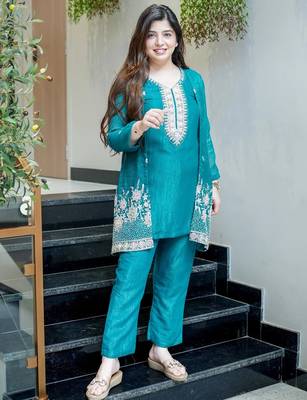 Rama beads work chinnon silk palazzo salwar suit set with koti 1