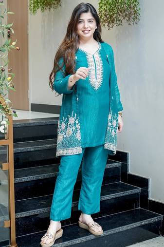 Rama beads work chinnon silk palazzo salwar suit set with koti