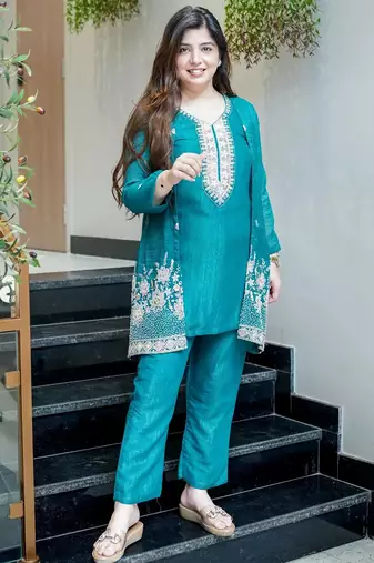 Rama beads work chinnon silk palazzo salwar suit set with koti