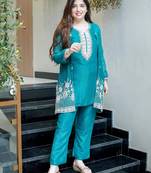 Rama beads work chinnon silk palazzo salwar suit set with koti