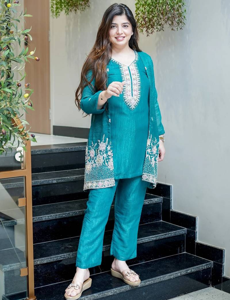 Rama beads work chinnon silk palazzo salwar suit set with koti